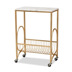 Baxton Studio Jacek Modern and Contemporary Gold Finished Metal Wine Cart with Marble Tabletop